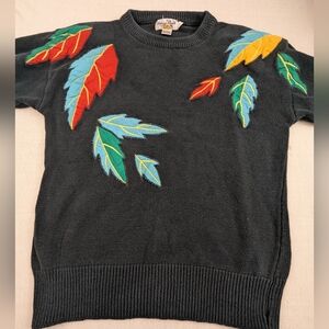 Vintage Sunny South Sweater With Colorblock Leaves Front & Sleeves Medium